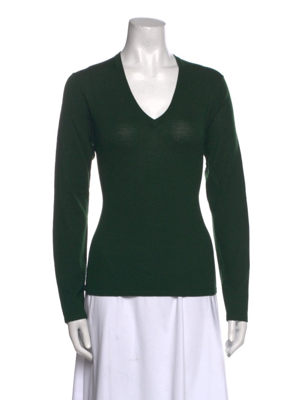 Henri Bendel Forest Green V-Neck Slim Merino Wool sweater